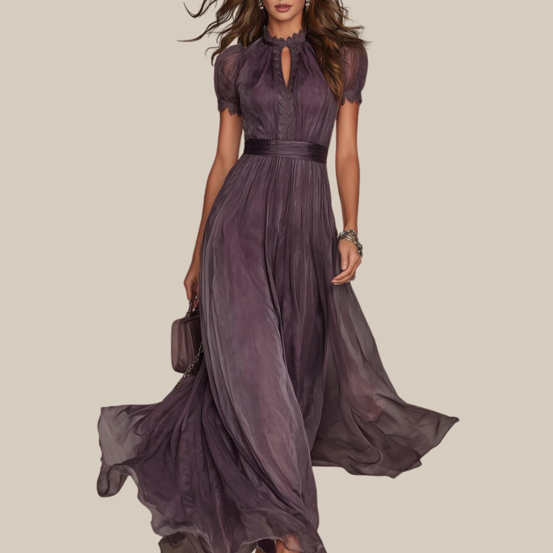 FLAVIA | Long Purple Dress Keyhole Neckline Chiffon Lace Trim