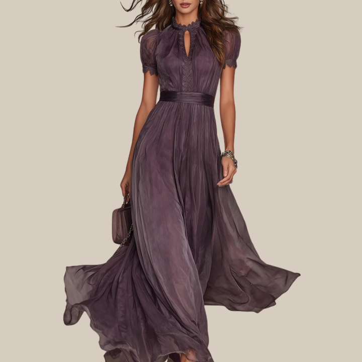 FLAVIA | Long Purple Dress Keyhole Neckline Chiffon Lace Trim