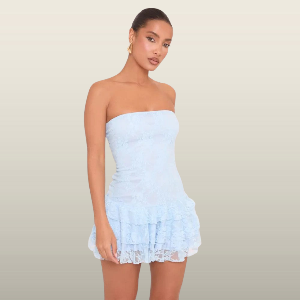 EVANGELINE™ – Chic Strapless Frill Hem Mini Dress