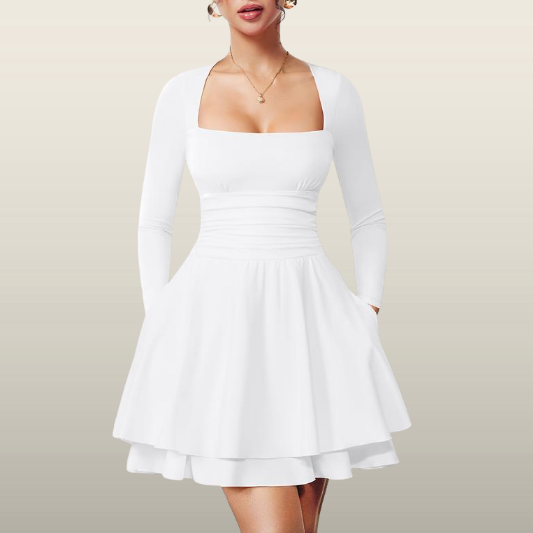 WINONA™ - Women's Square Neck Ruffle Hem Mini Dress Ruched Waist & Long Sleeve
