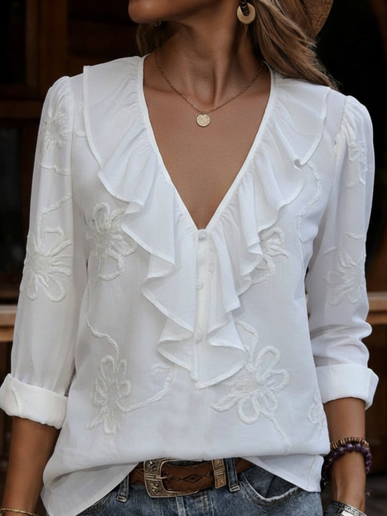 FLORA | Embroidered Floral V-Neck Blouse