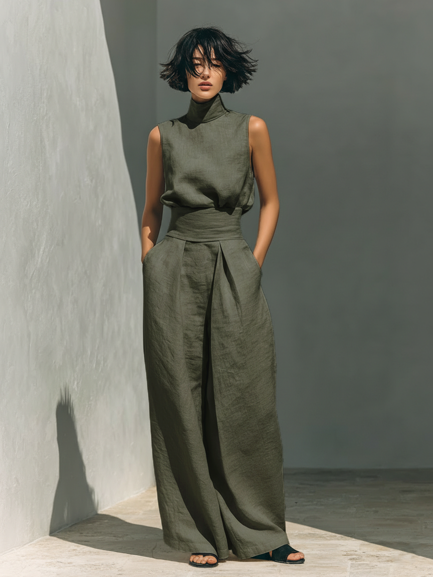 Maria - Women's Minimalist Tank Top & Wide-Leg Pants Set