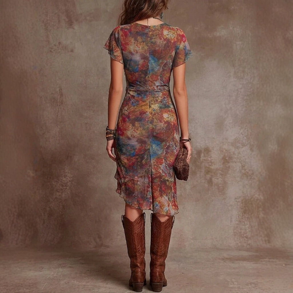ELVIRA™ | Stylish Midi Dress BV-Neck Defined Waist Boho-Inspired Artistic Pattern