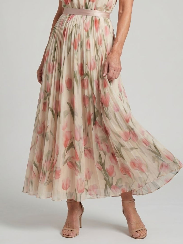 Aurelle – Floral Halter Pleated Maxi Dress