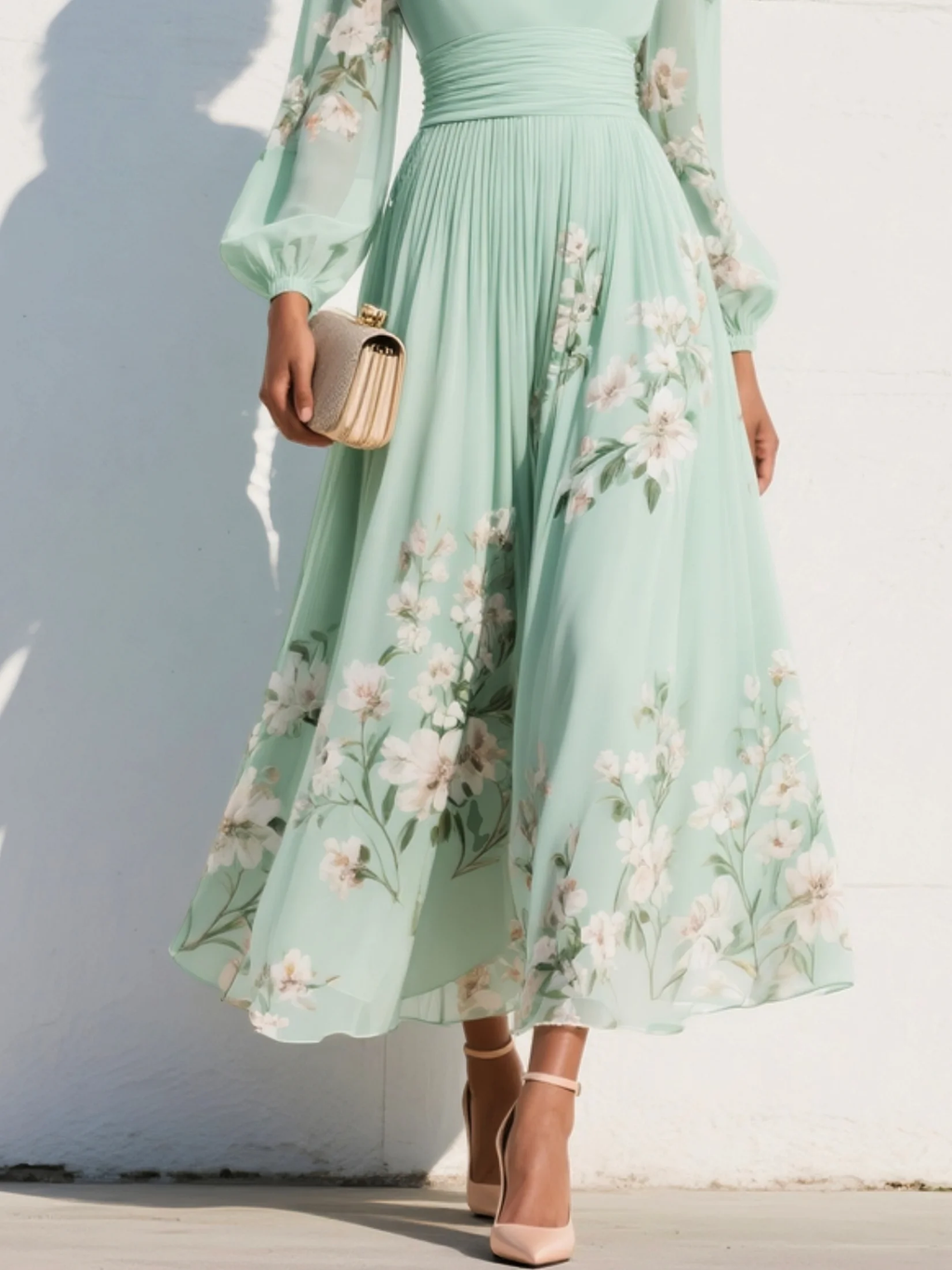 Seraphina | Mint Bloom Pleated Maxi Dress