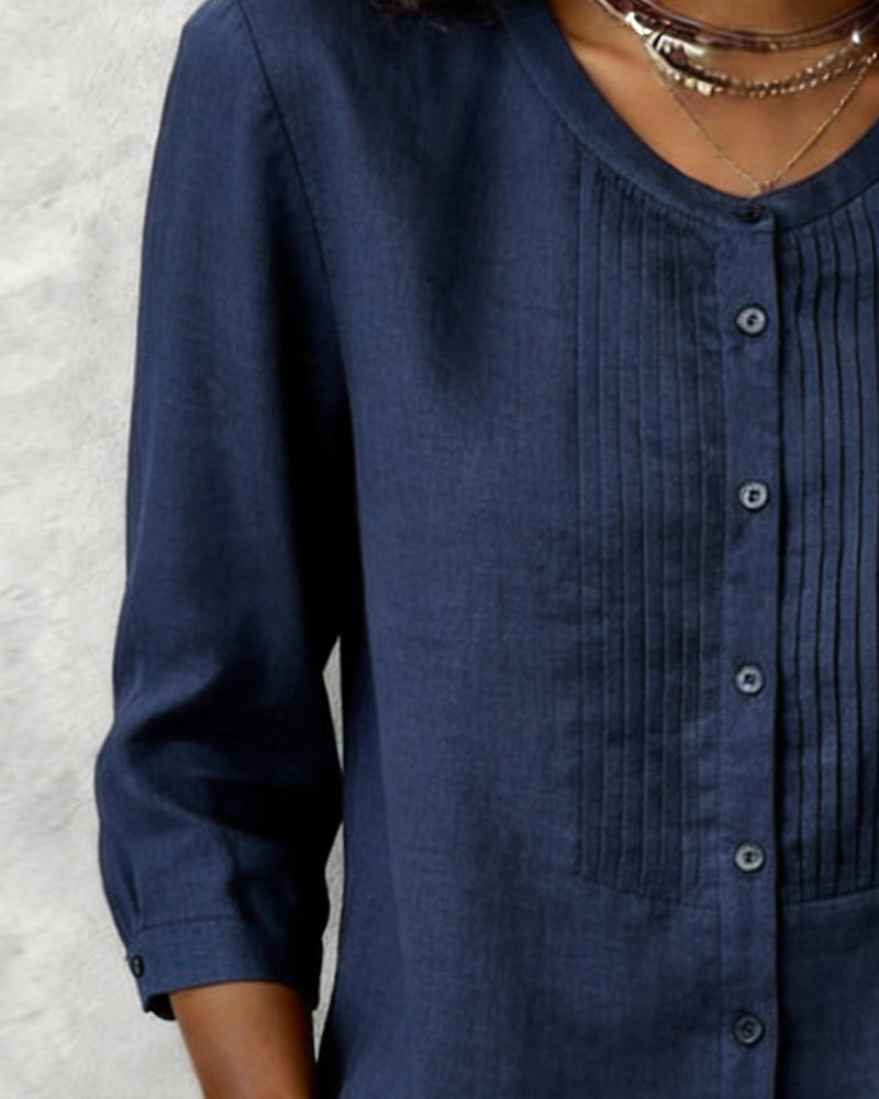 ITSASNE™ | Three Quarter Sleeve Button Down Cotton Shirt
