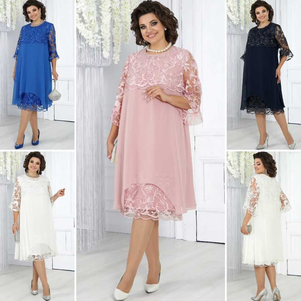 LIVIA | Women’s Embroidered Patchwork Chiffon Dress Round Neckline
