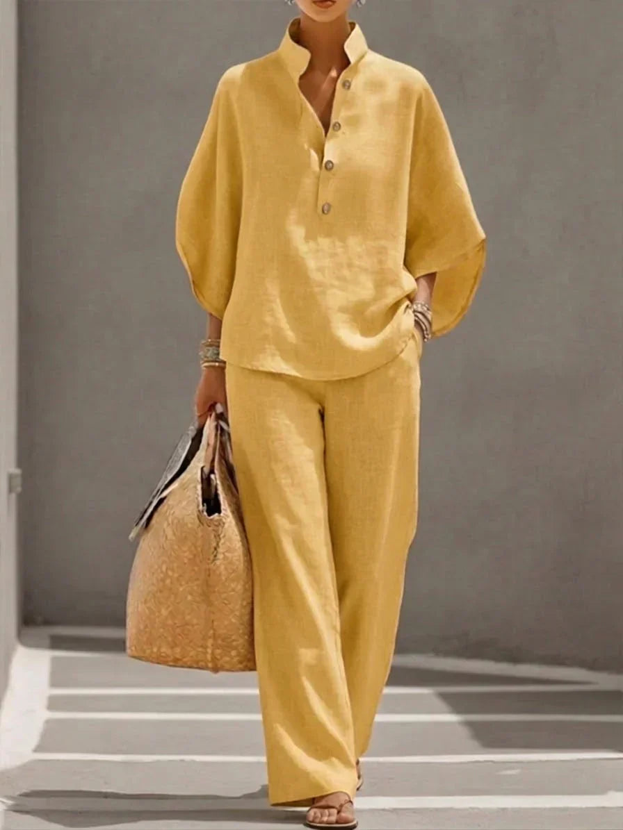 MARIBEL | Linen outfit with batwing sleeves and wide-leg trousers