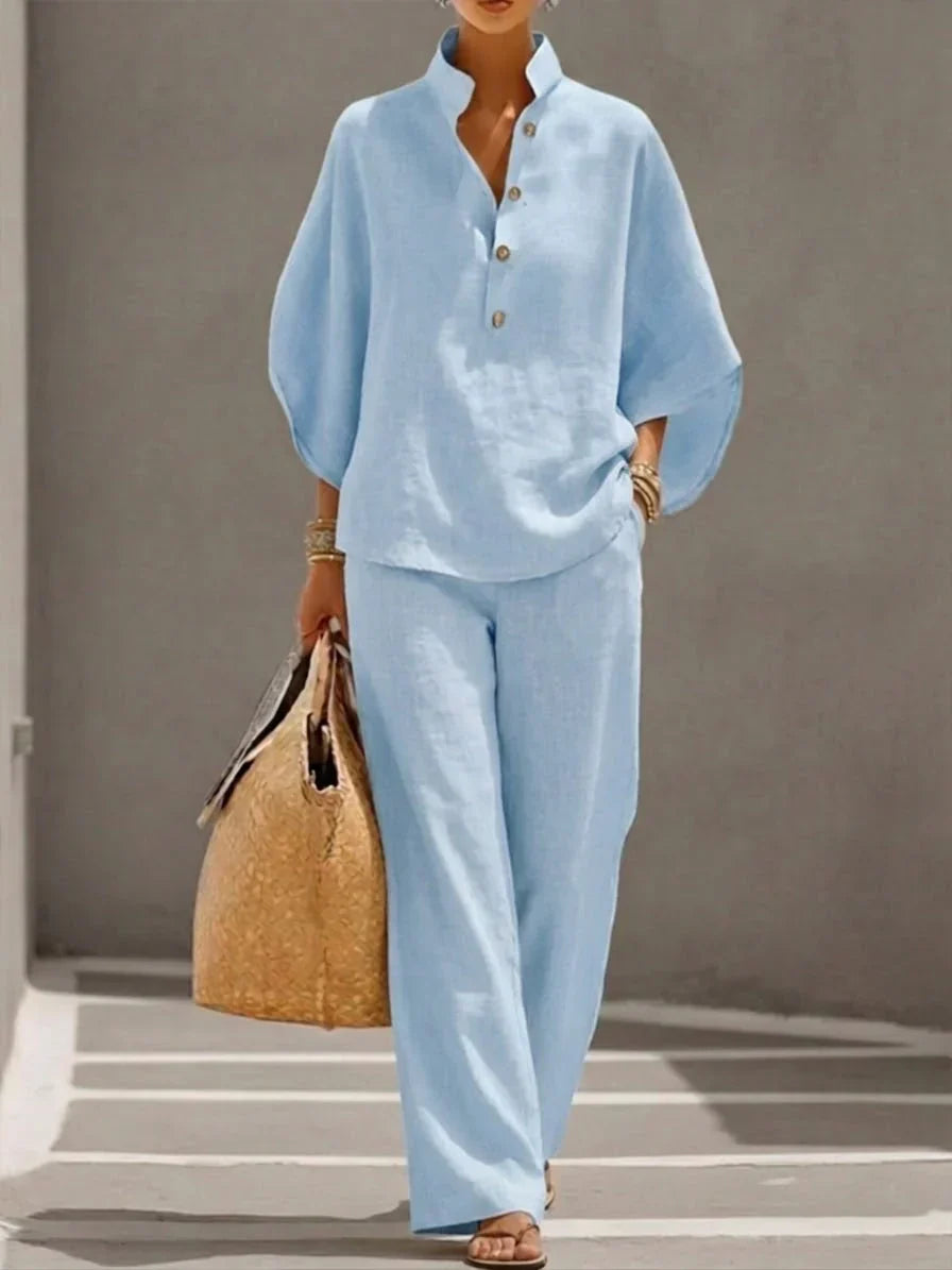MARIBEL | Linen outfit with batwing sleeves and wide-leg trousers