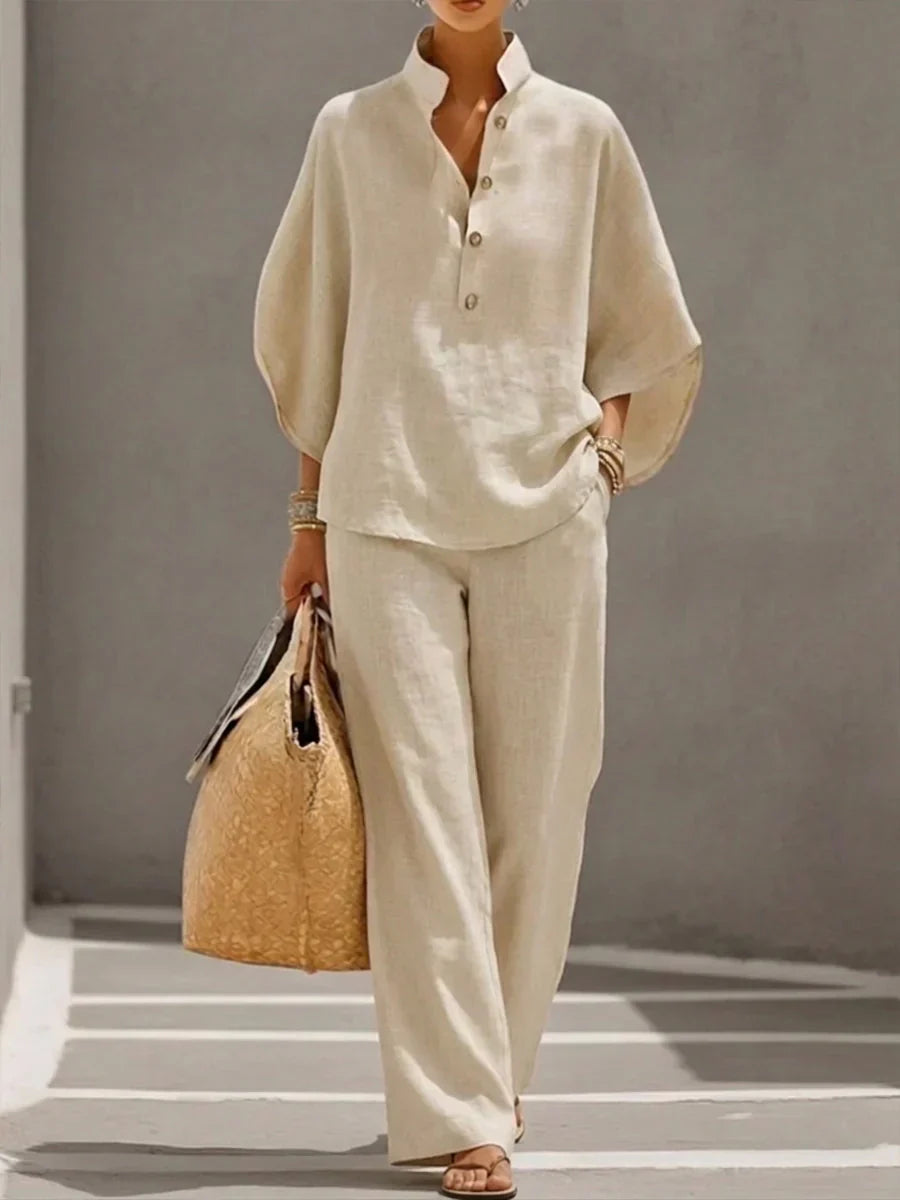 MARIBEL | Linen outfit with batwing sleeves and wide-leg trousers